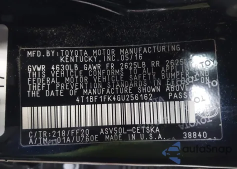2016 Toyota Camry Se z USA, uszkodzony, nr VIN 4T1BF1FK4GU256162